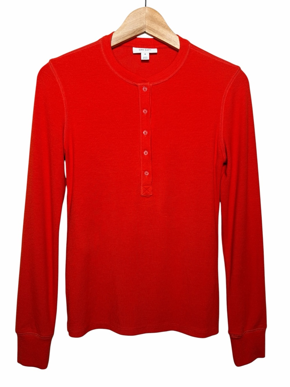 On 34th Womens Top Size M Red Ribbed Knit Henley Long Slv Soft Stretchy Casual